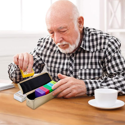 Large Weekly Pill Organizer Box in Gold Leather Case - 7 Day Week Pill Planner Organizers & Medication Reminder with 4 Times a Day - Daily Compartments That is Ideal for Travel by MEDca