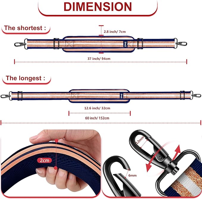ZINZ 60" Universal Bag Strap with Ultra-thick Fixed Breathable Pad Adjustable Heavy-duty Shoulder Strap for Laptop bag Crossbody Luggage Gym Bag Camera Bag and more -TH01B06