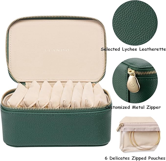Vlando Travel Jewelry Box Organizer - 8 Small Velvet Zipped Pouches Pockets for Jewelries Necklaces Rings Earrings Sorting Storage, Dark Green