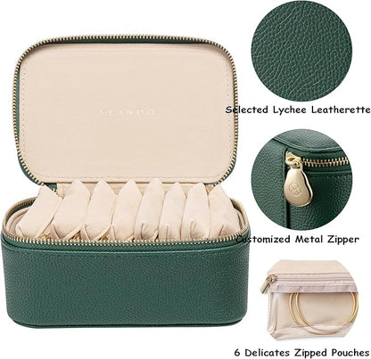 Vlando Travel Jewelry Box Organizer - 8 Small Velvet Zipped Pouches Pockets for Jewelries Necklaces Rings Earrings Sorting Storage, Dark Green