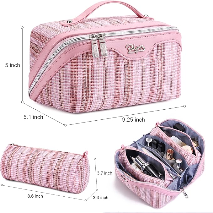 BOYATU Travel Makeup Bag for Women: Large Capacity Open Flat Make up Bag Set of 3 - Vegan Leather Cosmetic Bag with Compartments - Waterproof Toiletry Bag with Handle & Divider(I-1-Pink)