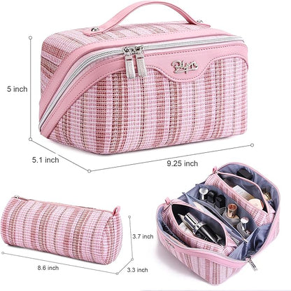 BOYATU Travel Makeup Bag for Women: Large Capacity Open Flat Make up Bag Set of 3 - Vegan Leather Cosmetic Bag with Compartments - Waterproof Toiletry Bag with Handle & Divider(I-1-Pink)