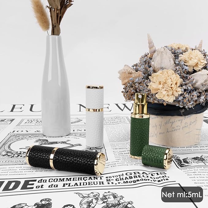 LUEXBOX 3 Pack Portable Perfume Bottle for Travel, Mini Refillable Perfume Dispenser, 5ml Faux Leather Leak Proof Perfume Atomizers Bottles Sprayer for Pocket Perfume (Black, White, Green)