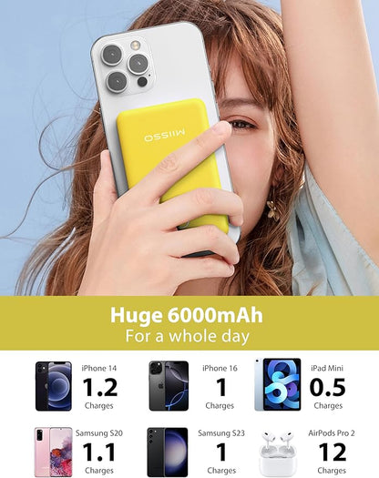 miisso 6000mah Ultra Slim Built in Cables Power Bank, Card Size Built in USB C Cords Battery Pack Portable Charger for Phones, 3 Output External Battery Pack Compatible with iPhone, Yellow