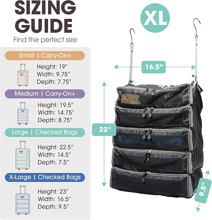 Pack Gear Hanging Suitcase Organizer - Our XL Hanging Luggage Organizer Perfectly Fits Any Suitcase - Our Packing Cubes For Travel Use Mesh Windows to Make Finding Any Outfit Easy (Black, XL)