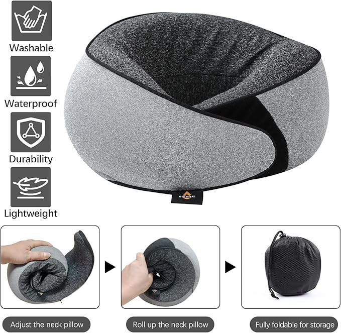 Memory Foam Neck Pillow | Travel Neck Pillow，Ergonomic U-Shaped Travel Pillow with Neck Support, Breathable & Washable Cover, Includes Storage Bag–Ideal for Office, Car, Plane, Bus, Grey