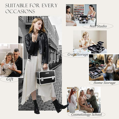 FRENESSA Makeup Train Case Makeup Case 11.8 Inch Large Cosmetic Box Organizer Travel Storage Professional Make Up Train Carrying Case with 6 Trays Locking Hard Vanity Storage Black