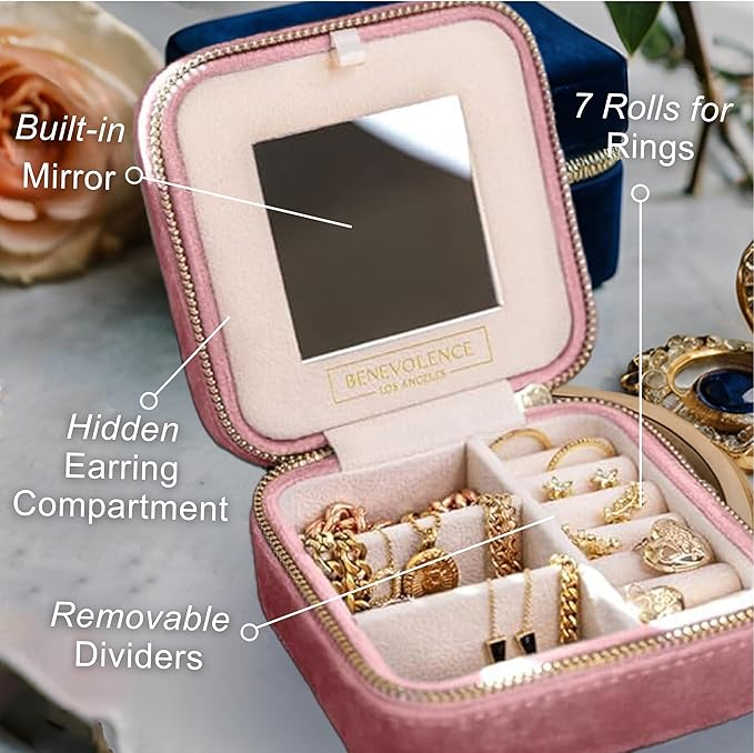 Benevolence LA Plush Velvet Jewelry Box | Travel Jewelry Case Organizer with Mirror | Featured in Oprah's Favorite Things | Best Gifts For Daughter, Girlfriend, Mom | Gifts For Her - Dusty Pink