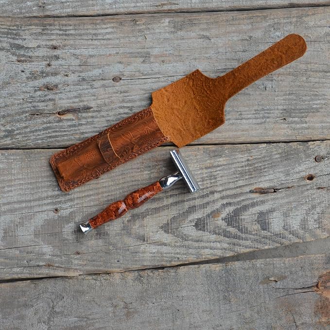 JJNUSA Handmade Sleeve Travel Pouch Leather Safety Razor Case, Double Edge Razor 4.5", Old Fashioned Razor Sleeve Shaving Accessories Men's Shaving Razor Flower Brown
