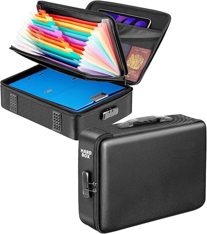 File Organizer, Hard Case Fireproof Document Box with Lock, Hard-Shell Important Document Organizer Safe Box Fireproof Waterproof, Home Office Supplies Storage and Organization (Black)