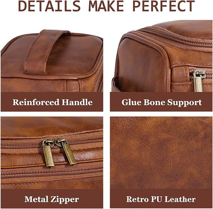 Toiletry Bag for Men, Hanging Travel Shaving Dopp Kit for Men and Women, Water-resistant Toiletries Organizer Bags, PU Leather Cosmetic Bags for Makeup Accessories (Light Brown)
