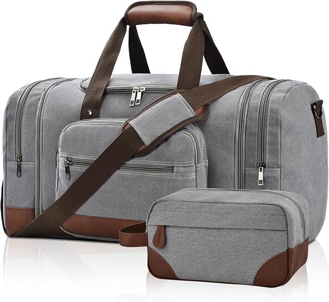 Litvyak Duffle Bag for Travel, 50L Canvas Travel Duffel Bags Overnight Weekend Gym Carry On Luggage Bag for Men & Women(Grey+Toiletry Bag)