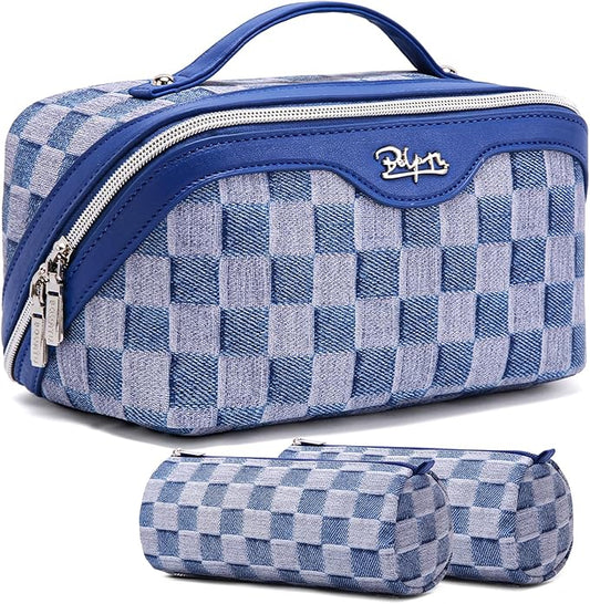BOYATU Travel Makeup Bag for Women: Large Cosmetic Bag Set of 3 - PU Leather Make up Bag with Compartments - Compact Waterproof Toiletry Bag with Divider & Handle (D-1-Blue)