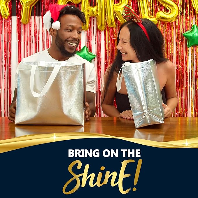 Nush Nush Silver Gift Bags Large Size – Set of 60 Reusable Silver Gift Bags With Handles- Metallic Party Favors Bags In Bulk For Small Business Use In Gifting Events, Christmas, Birthdays - 13Wx5Dx11H