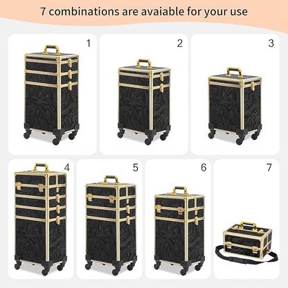 Rolling Makeup Case, Makeup Train Case with Lid, 5 in 1 Cosmetology Case on Wheels, Christmas Gift, Large Makeup Organizers, Profesional Cosmetic Case for Salon Barber, Pattern Black Gold