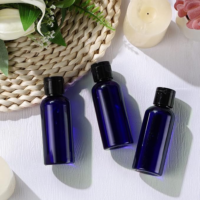 Eccliy 100 Pack 2 oz Travel Bottles Plastic Bottles with Lids Refillable Travel Size Cover Cap Plastic Liquid container for Toiletries Lotions Shampoo Creams Dispensing with 5 Funnels(Blue)