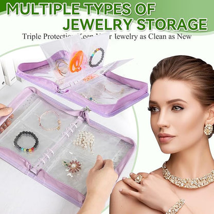 Jewelry Organizer Storage Case Travel Clear Earring Organizer Case Transparent Jewelry Storage Book with Small Clear Zippered Pouch (Purple, with 48 Pcs large Jewelry Pouches)