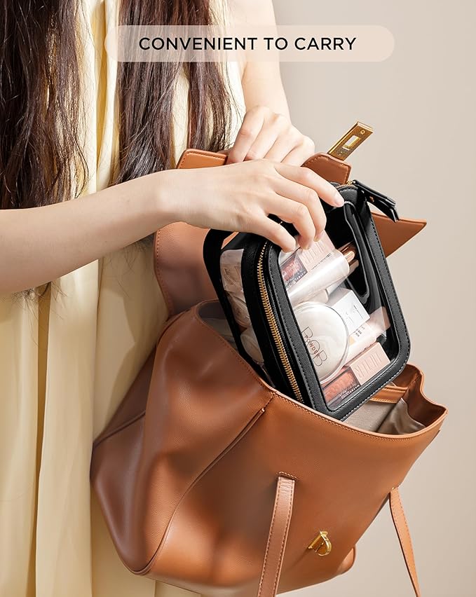 HBlife Clear Makeup Organizer, Portable Travel Toiletry Cosmetic Case for Women, Medium Make Up Train Case Transparent Storage Pouch with Handle(Black)