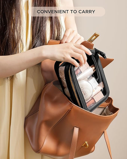 HBlife Clear Makeup Organizer, Portable Travel Toiletry Cosmetic Case for Women, Medium Make Up Train Case Transparent Storage Pouch with Handle(Black)