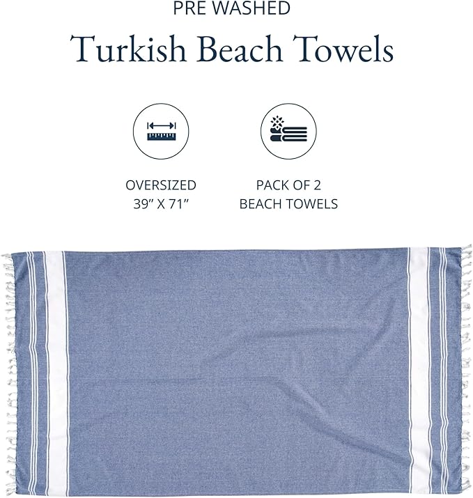 LANE LINEN Turkish Beach Towels, 2 Pack Extra Large Beach Towel, Pre-Washed for Soft Feel, Oversized Sand Free Quick-Dry Pool Towel, Beach Towels for Adults, 39"x71" - Forever Blue
