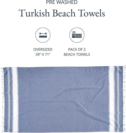LANE LINEN Turkish Beach Towels, 2 Pack Extra Large Beach Towel, Pre-Washed for Soft Feel, Oversized Sand Free Quick-Dry Pool Towel, Beach Towels for Adults, 39"x71" - Forever Blue