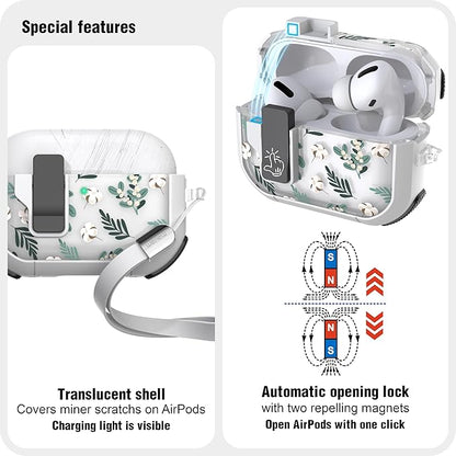 WENEW Case for AirPods Pro & Pro 2 Case Cover Secure Lock Automatic Snap Switch Clip Cleaner Kit Lanyard Women Stylish Leaf Full Body Hard Shell Front LED Visible (Green Leaves, AirPods Pro & Pro 2)