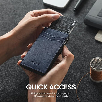 VULKIT Men's Slim Wallet Pop Up Card Holder RFID Blocking Metal Wallet Minimalist Design Holds Up to 11 Cards, Nappa Leather