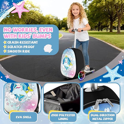 Scooter Suitcase for Kids, 2 in 1 Ride-on Luggage with Flash PU Wheels, Adjustable Handle & TPR Non-Slip Grip, Foldable & Lightweight, Ages 5-12