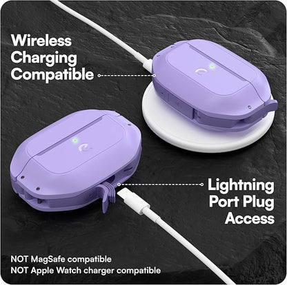 Keybudz for AirPods Pro 2 Case with Lock - Fully Waterproof AirPods Pro 2nd Generation Case Cover - Keychain, Rugged Tough Protection, Hard Shell and Carabiner for USB-C/Lightning (Wild Lavender)