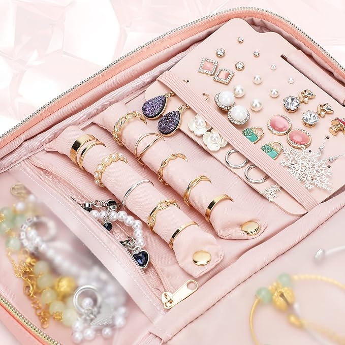 emissary Jewelry Organizer Case Travel Jewelry Storage Bag for Necklace, Earrings, Rings, Bracelet, Valentines Day Gifts, Earring Storage, Necklace Storage, Pouch Bag Accessories for Travel (Pink)