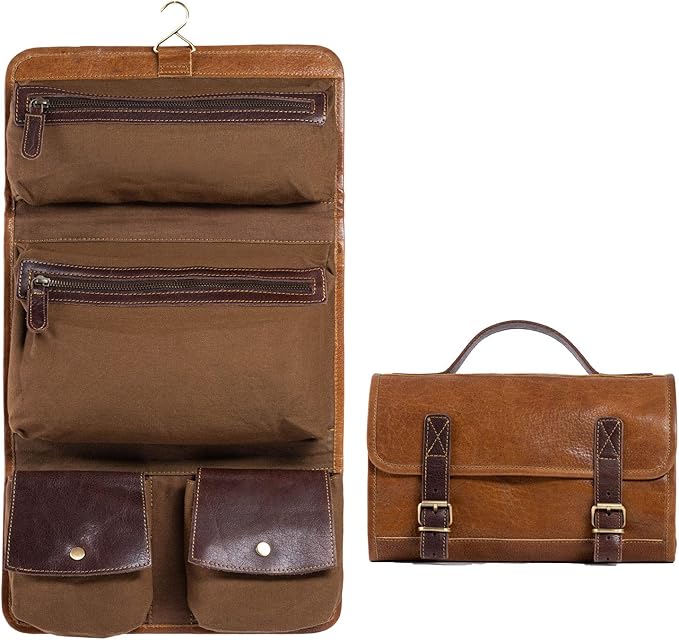 KomalC Premium Buffalo Leather Hanging Toiletry Bag Travel Dopp Kit