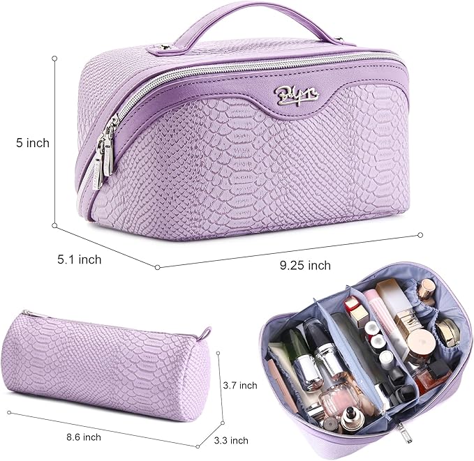 BOYATU Travel Makeup Bags for Women: 3 Pcs Set Wide Open Cosmetic Bag - Portable Make up Bags with Handle - Vegan Leather Toiletry Organizer Bag with Divider (G-01-Purple)