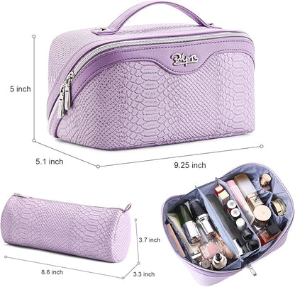 BOYATU Travel Makeup Bags for Women: 3 Pcs Set Wide Open Cosmetic Bag - Portable Make up Bags with Handle - Vegan Leather Toiletry Organizer Bag with Divider (G-01-Purple)