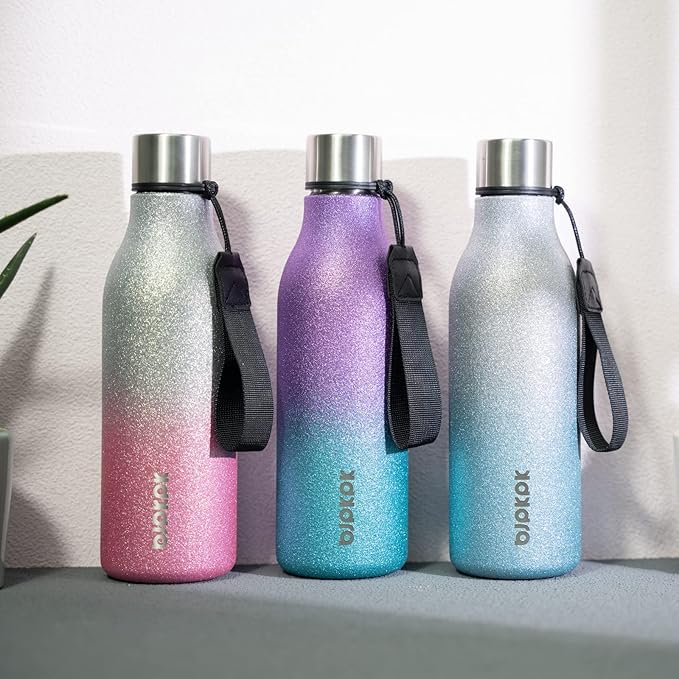 BJPKPK Insulated Water Bottles, 18 oz Stainless Steel Metal Water Bottle with Strap, BPA Free Leak Proof Jugs,Mugs,Flasks, Reusable Thermal Flasks for Sports & Travel, Sparkling Silver Blue