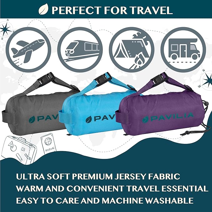 PAVILIA Travel Blanket Airplane Compact with Bag, Soft Packable Plane Blanket Kids Adults, Portable Camping Flight Essentials, Travelers Gifts Accessories, Luggage Backpack Strap, 65x40 Black
