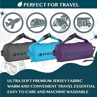 PAVILIA Travel Blanket Airplane Compact with Bag, Soft Packable Plane Blanket Kids Adults, Portable Camping Flight Essentials, Travelers Gifts Accessories, Luggage Backpack Strap, 65x40 Black