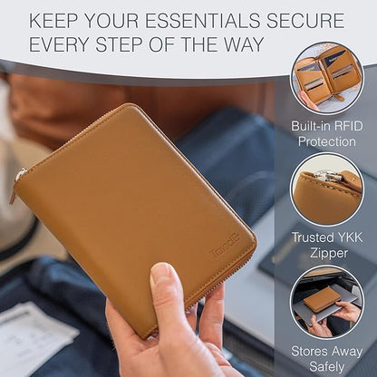 Full Grain Leather Passport Holder for 2 Passports - Dual Passport Holder and Travel Documents Organizer - RFID Travel Wallet for Couples - Camel