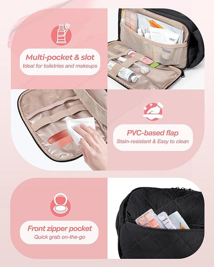 Travel Toiletry Bag for Women, Water Resistant Makeup Organizer with Wide-Open Design for Toiletries and Cosmetics, Black (Bag Only)