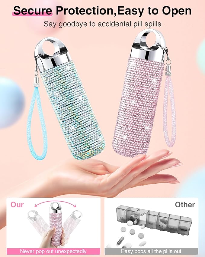 Zannaki Metal Bling Pill Organizer, Travel Waterproof Weekly Pill Box, Portable Large Aluminum Alloy Pill Case Container, BPA Free 7 Day Daily Medicine Organizer Holder for Vitamin,Fish Oil,Supplement