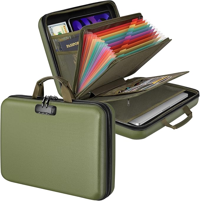 Fireproof Document Organizer with Lock, 2000℉ File Organizer Safe Box Fireproof Waterproof, Hard Shell Fire Proof Document Bag with 13 Pocket Accordion File Folders, Home Storage Office Organization