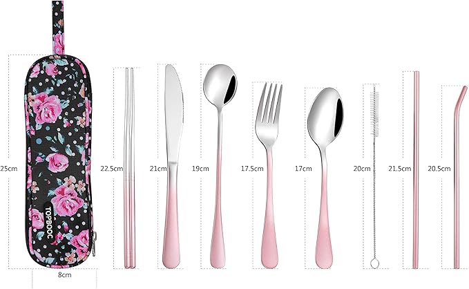 Travel Utensils,Reusable Silverware Set To Go Portable Cutlery Set with a Waterproof Carrying Case for Lunch Boxes Workplace Camping Picnic (GraPink)