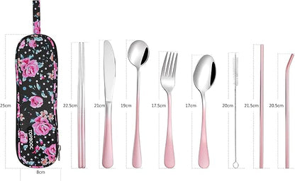 Travel Utensils,Reusable Silverware Set To Go Portable Cutlery Set with a Waterproof Carrying Case for Lunch Boxes Workplace Camping Picnic (GraPink)