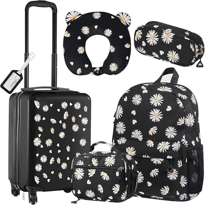 Redbaker 6 Pcs Kids Luggage Set 17 Inch Kids Rolling Luggage Double Pattern Suitcase for Girls Boys School Gift(Black,Daisy Style)