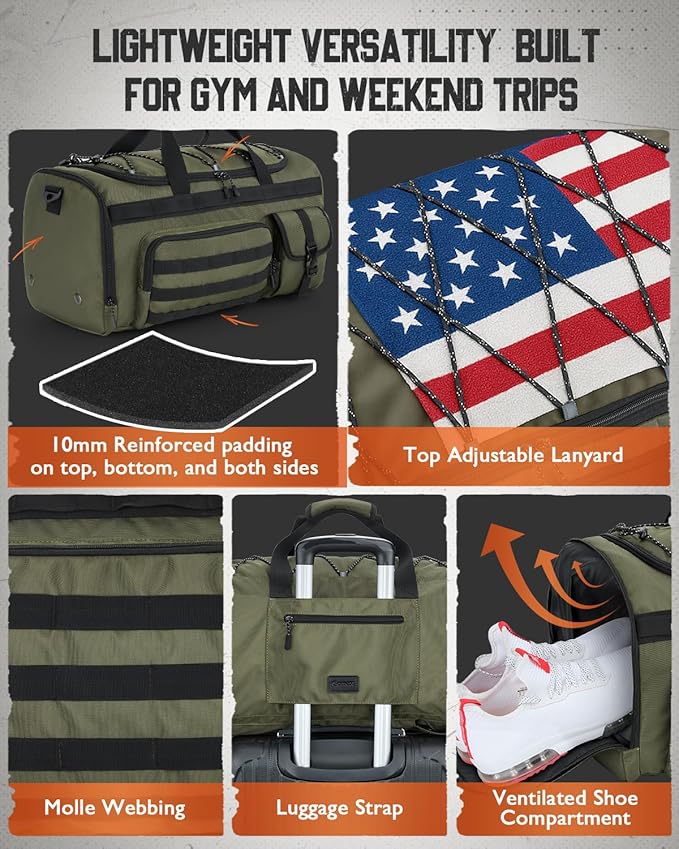 Gonex 45L Duffel Bag for Men, 3 in 1 Convertible Carry Gym Duffle with Shoe Compartment, Tactical Gear Loops, Water-Repellent Lining, Workout & Travel Bag (Army Green)