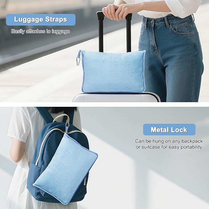 2-in-1 Convertible Travel Blanket & Pillow-Ultra Soft, Compact & Packable with Hand Luggage Sleeve and Backpack Clip for Flight & Car,Light Blue