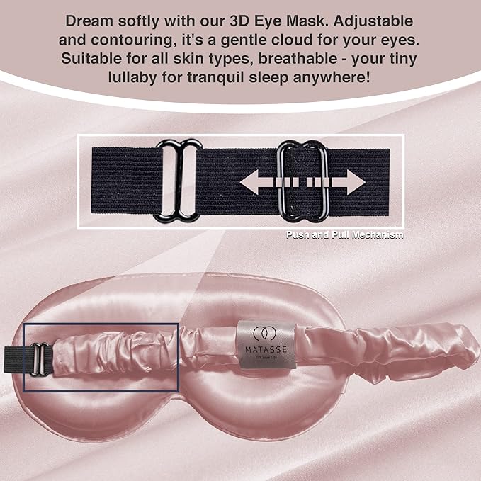 MATASSE Silk Eye Mask for Sleeping with Adjustable Elastic Band - 3D Contoured, Eye Cover Sleep Mask w/Genuine Mulberry Silk Including The Strap for Women, Men (Pink)