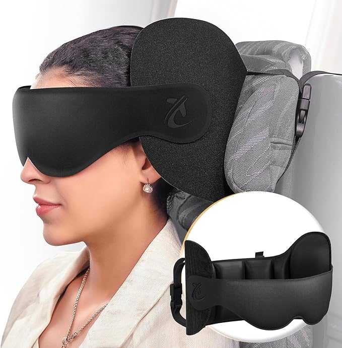 Travel Pillow, Airplane Neck Pillow for Long Flight, Oversized Head Strap with 3D Eye Mask for Sleep, 360°Support Headrest, Stop Bobblehead, Ultimate Travel Essentials for Men Women Black