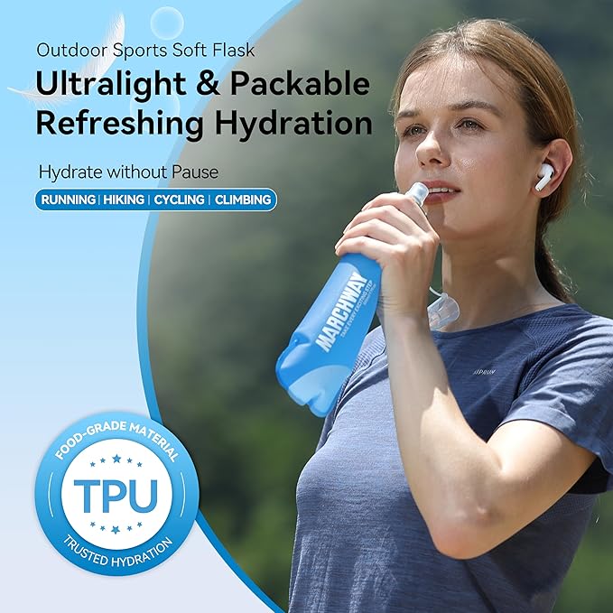 MARCHWAY Soft Hydration Flask with Wide Mouth, 300ml/500ml Collapsible TPU Water Bottle, Leakproof Portable Flexible for Running, Hiking, Cycling, Climbing, Gym, Travel (2pcs Dark Blue 500ml)