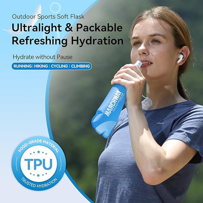 MARCHWAY Soft Hydration Flask with Wide Mouth, 300ml/500ml Collapsible TPU Water Bottle, Leakproof Portable Flexible for Running, Hiking, Cycling, Climbing, Gym, Travel (2pcs Dark Blue 300ml)