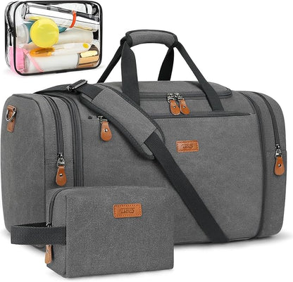 Canvas Mens Duffle Bag for Travel - Expandable 50L Weekender Bags with Toiletry Bag, Overnight Bag Travel Duffel Carry On Luggage with Removable Shoulder Strap, Durable & Water-Resistant